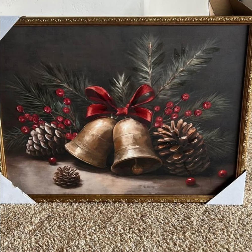Holiday Bells Framed Wall Art - Gold and Red